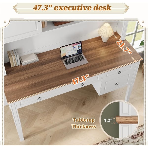 dimension image slide 17 of 30, Farmhouse Executive L Shaped Desk Home Office Desk with Drawers and Storage Cabinet & Power Outlet