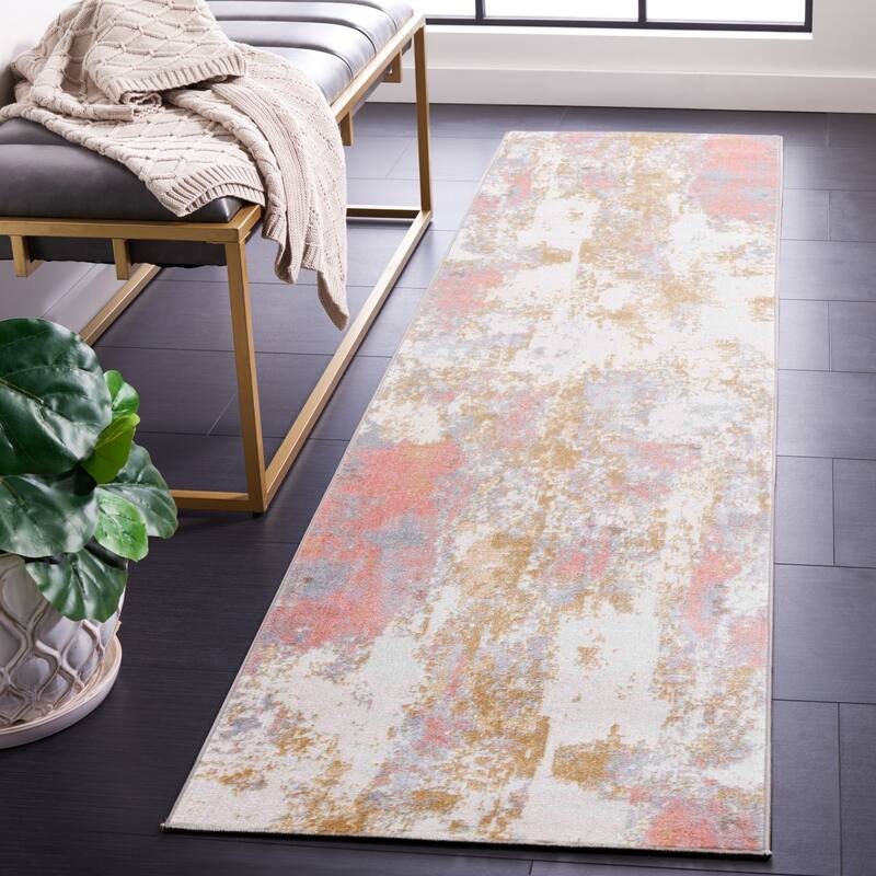 SAFAVIEH Bayside Machine Washable Drahusa Modern Abstract Rug - 2'2" x 12' Runner - Ivory/Grey Pink
