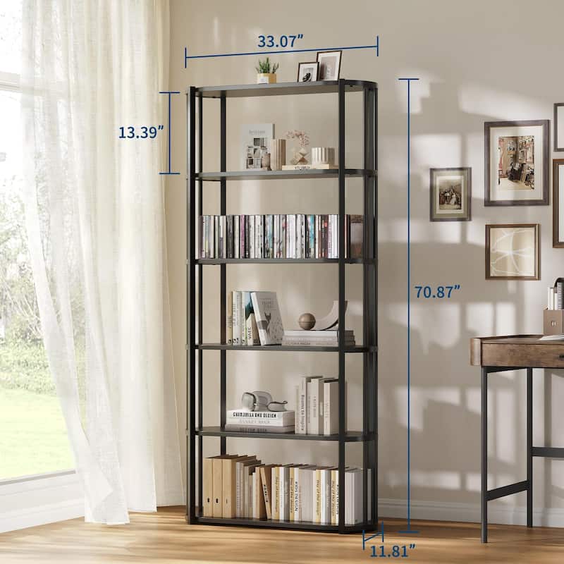 71 Inch Industrial Wooden Bookshelf - 6 Tier Tall Bookcase, Metal Frame Large Storage Shelf