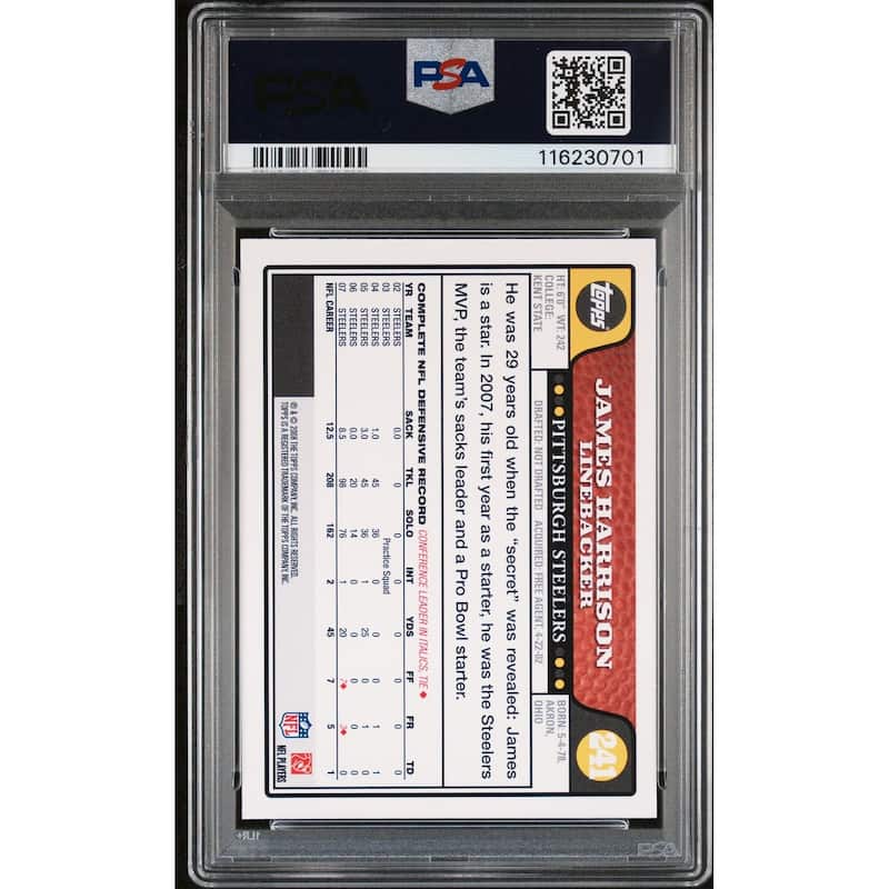 James Harrison 2008 Topps Signed Football Rookie Card #241 Auto Graded PSA 10 Cert # 116230701 - 8' x 11'