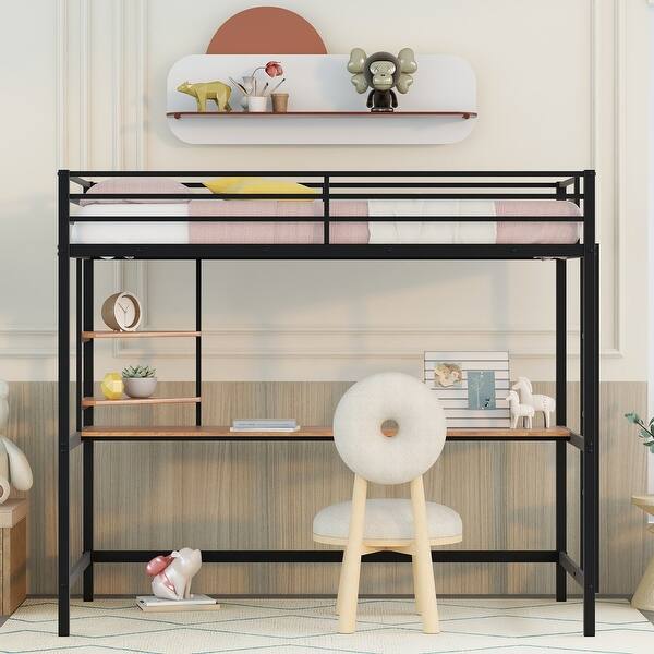 slide 2 of 36, Unisex Metal Storage Loft Bed Frame w/ Desk & Full-length Guardrail Black - Twin