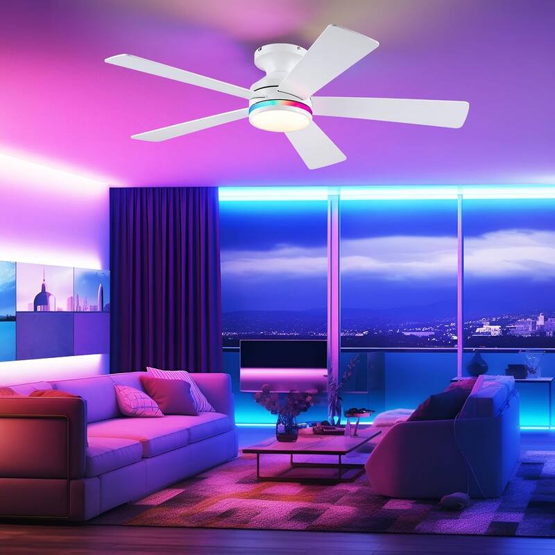 46 Inch Flush Mount Ceiling Fan with Light 5 Reversible Dual Side Blades for Bedroom,Living Room,Patio - 46 Inches