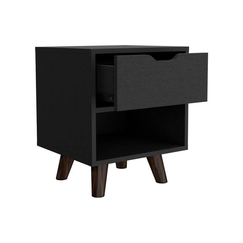 Black Nightstand with Display Shelf and Spacious Drawer