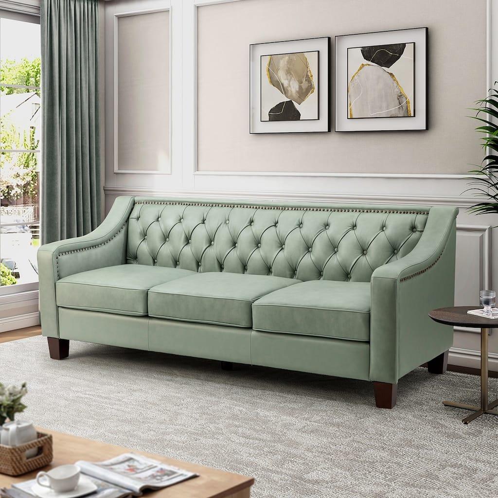 Mateo 82.28" Wide Transitional Genuine Leather Sofa with Nailhead Trim and Button-Tufted Back