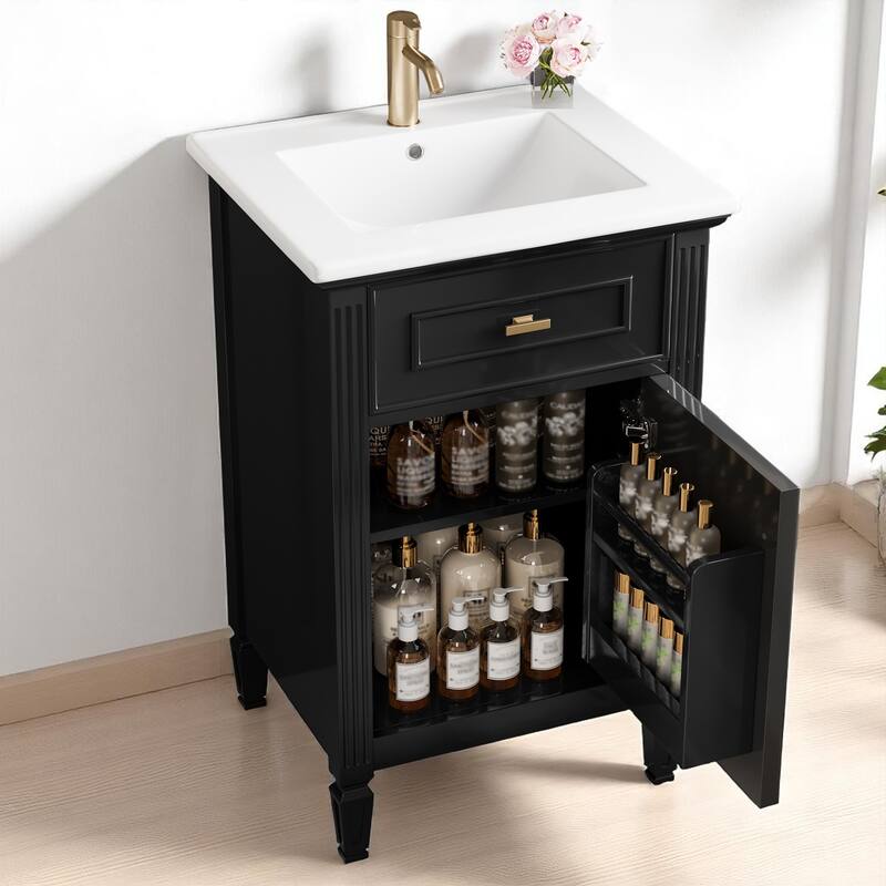 20" Bathroom Vanity with Sink, Freestanding White Cabinet with Ceramic Basin, Tilt-Out Drawer, Adjustable Shelf, Solid Wood Legs