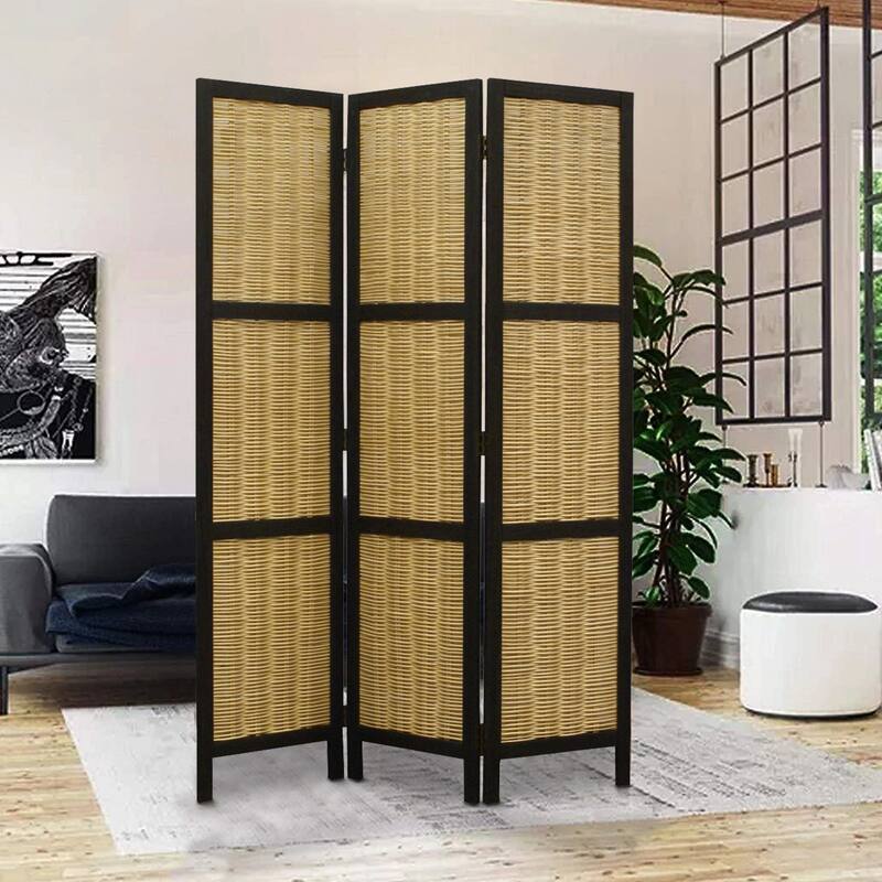 Cottage Style 3 Panel Room Divider with Willow Weaving, Black and Brown