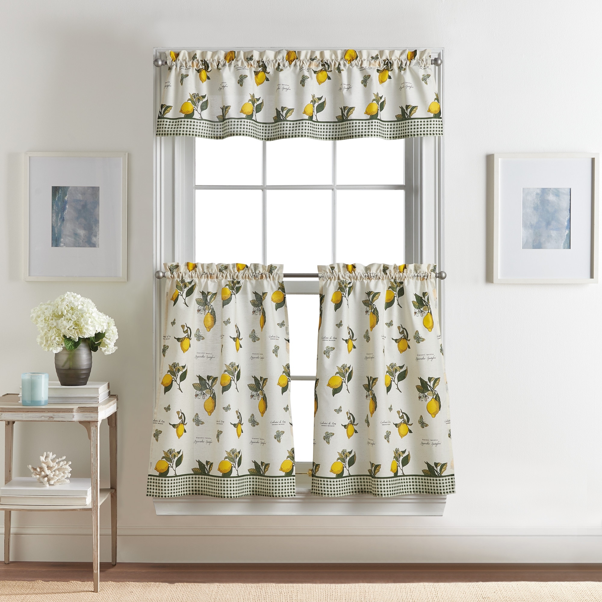 2 Floral Yellow Grey Kitchen Curtains: One Tiers Set 1 Valance and Two R... 