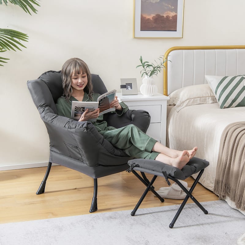 Gymax Lazy Sofa Chair Accent Leisure Armchair with Folding Footrest &