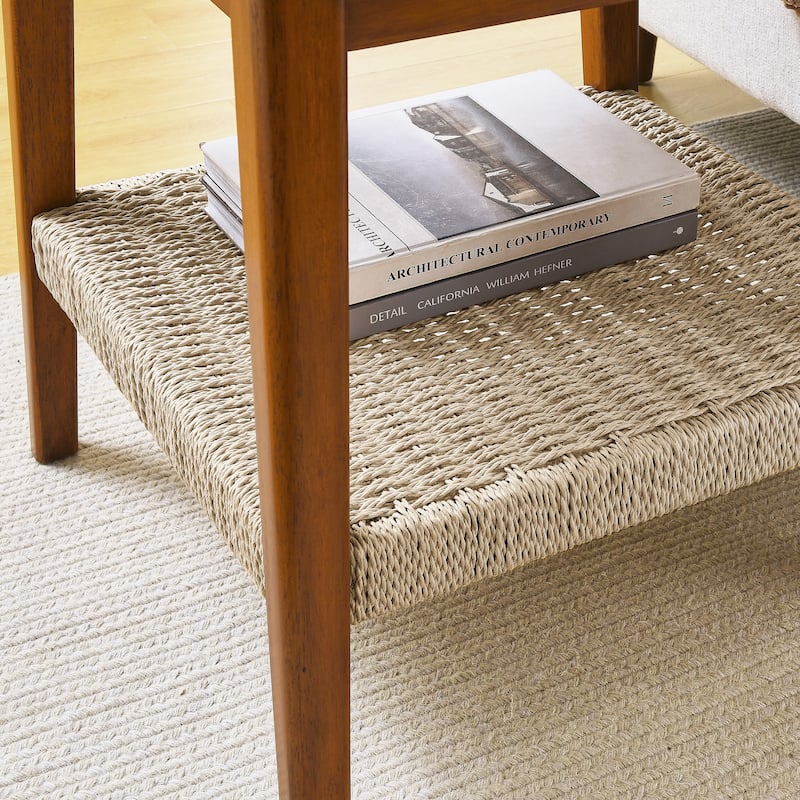 Mid-Century Square Side Table with Woven Shelf Walnut