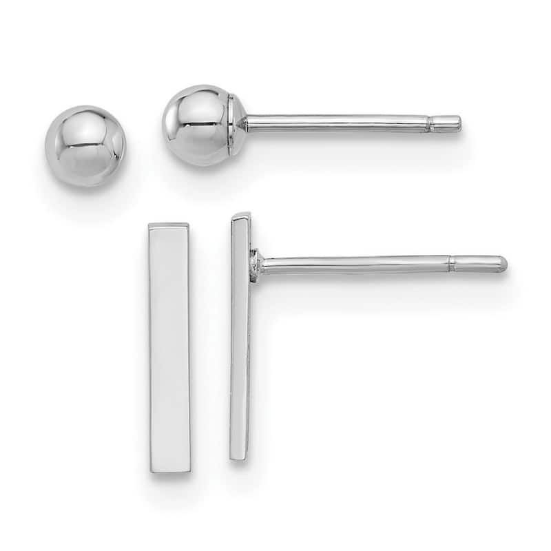 Curata 14k White Gold Polished 3mm Ball and Bar Earrings - Set