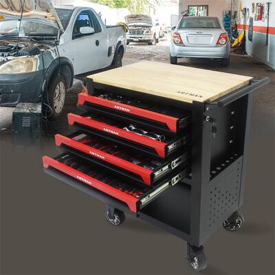 4 Drawers Multifunctional Tool Cart with Tool Set and Wooden Top