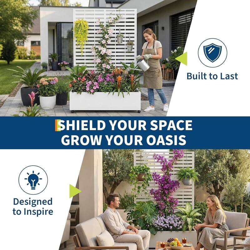 72"*47"*16" Raised Garden Bed with Trellis, Planter Box with Privacy Screen, Wheels for Climbing Plants