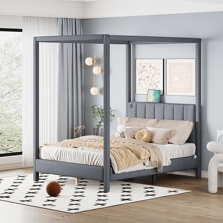 Queen Size Canopy Platform Bed with USB Ports and Storage Pockets