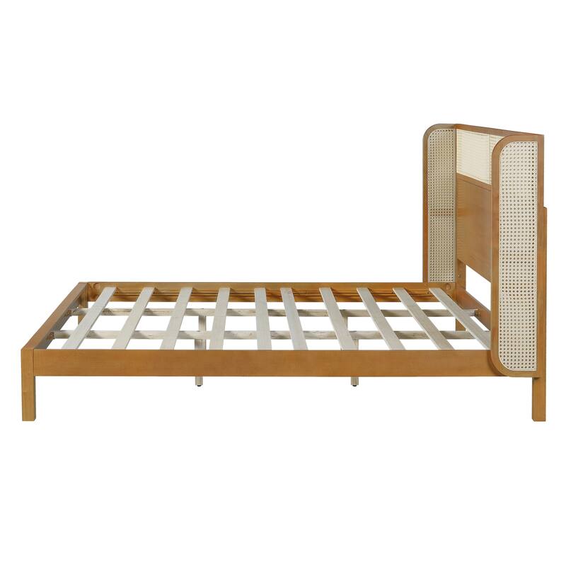 King Size Platform Bed Frame with Headboard, Mid Century Modern Design, Natural Finish