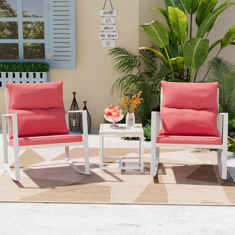 COSIEST Outdoor Bistro Rocking Chair Set with Cushions - hibiscus