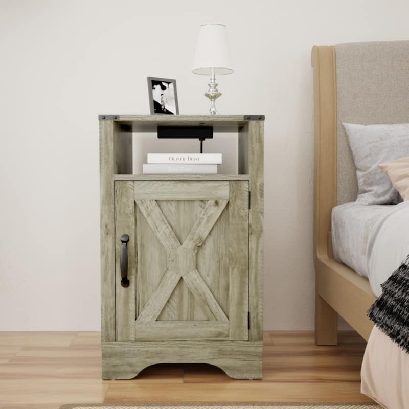 Farmhouse Nightstand Side Table, Tall Bedside Table with Electrical Outlets Charging Station - Light Grey - LIGHT GREY