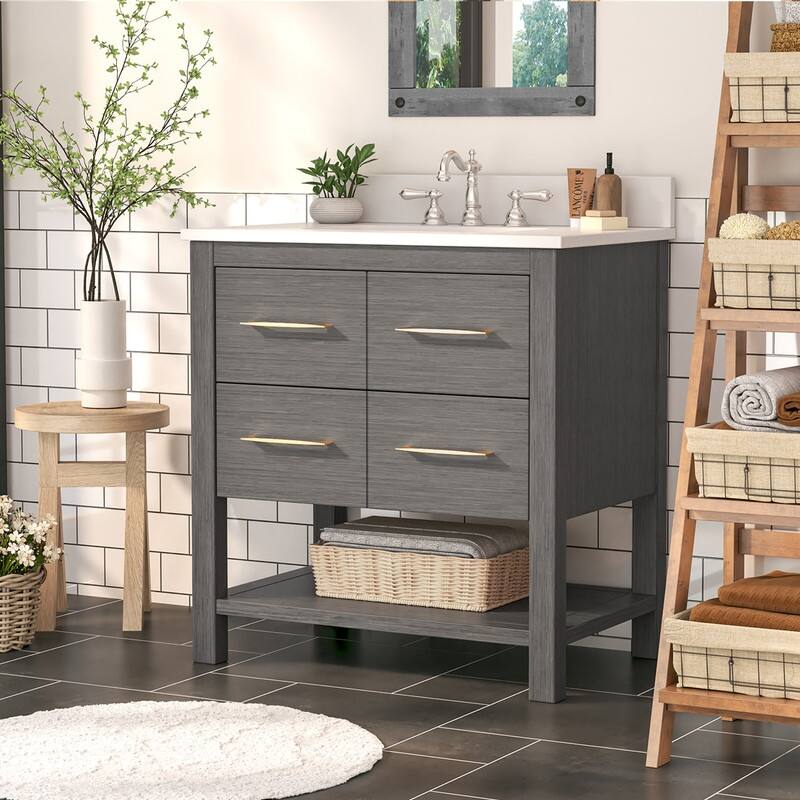 30-Inch Bathroom Vanity with Single Sink – Wood Grain Finish, Space-Saving