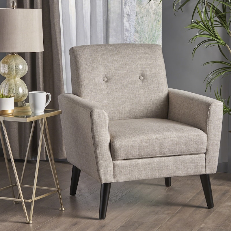 Roomfitters Mid-Century Modern Accent Chair with Button Tufted Back and Wood Legs, Upholstered Armchair for Living Room, Beige
