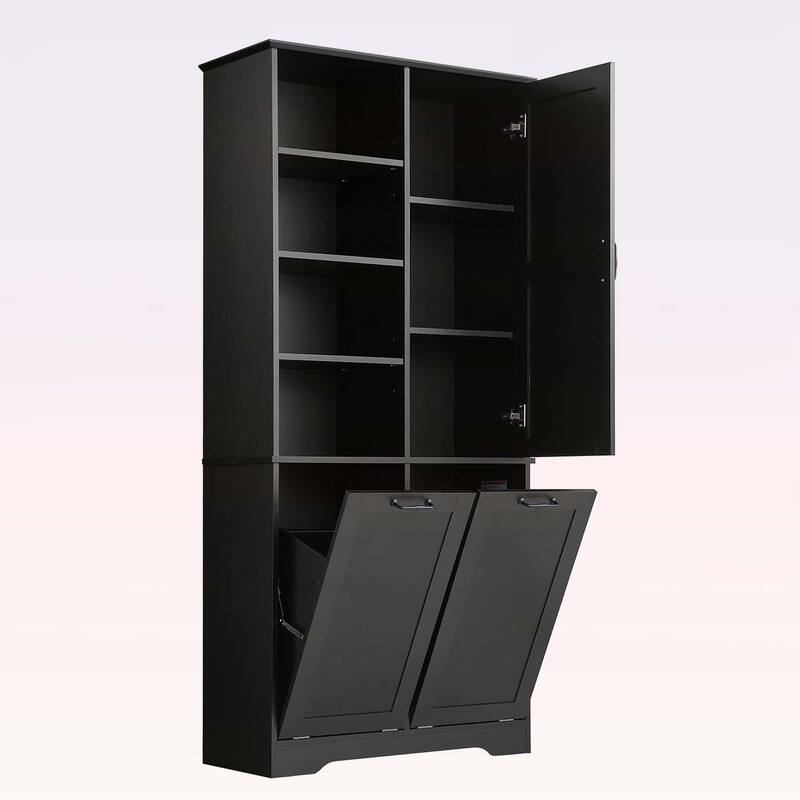 Bathroom Storage Cabinet with Doors, Drawers, Tilt-Out Laundry Hamper, and Adjustable Shelves, Oak Finish
