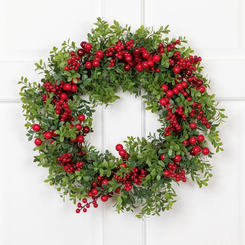 Red Berry and Boxwood Small Artificial Christmas Wreath - 20" - Unlit