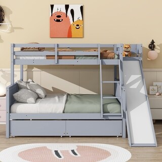 Storage Bunk Bed with 2 Drawers,Slide,Shelves,Ladder,Twin over Full for Home,Grey