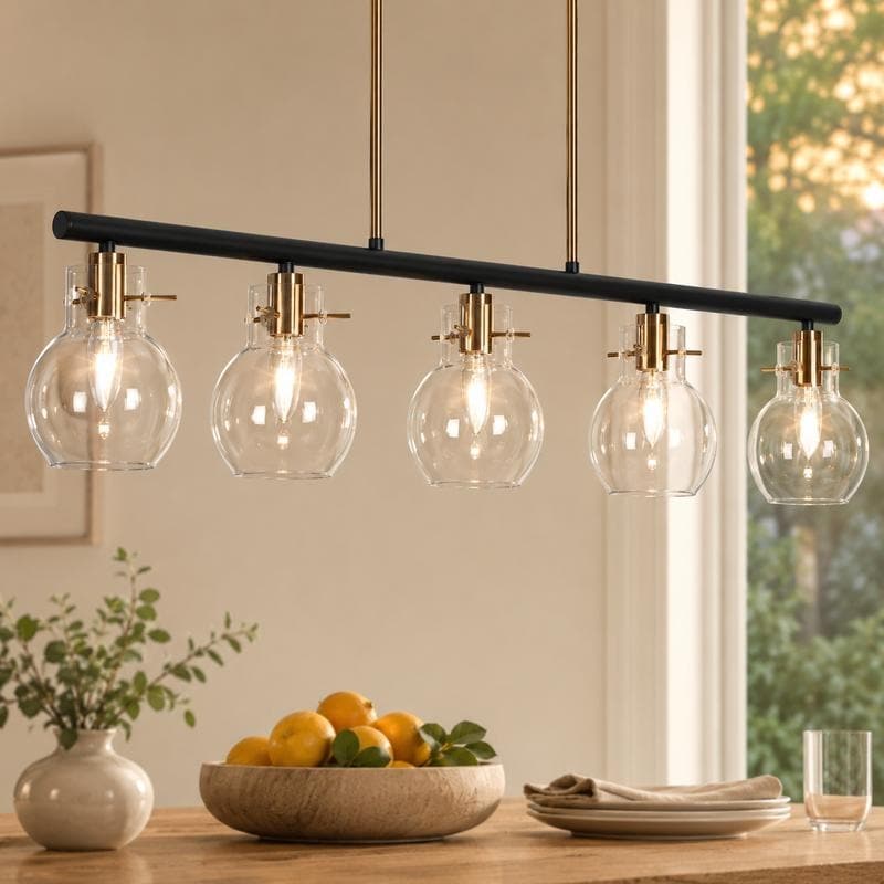 Modern Industrial 5-Light Black Gold Linear Chandelier Glass Kitchen Island Light