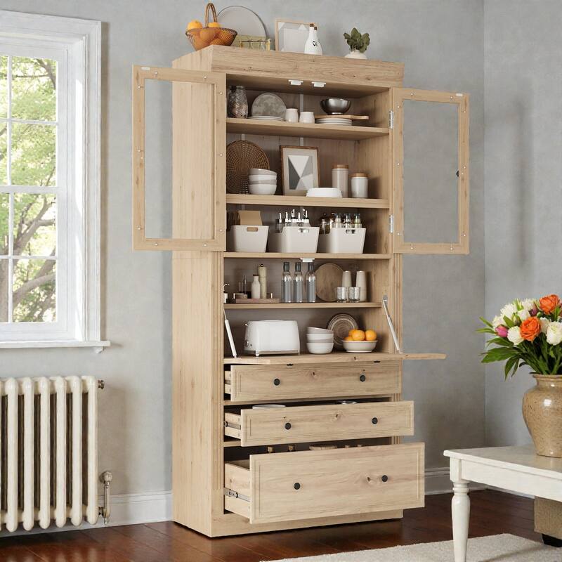 78" Freestanding Kitchen Pantry Cabinet with 3 Drawers, Glass Doors, Adjustable Shelves and Built-In Power Outlet