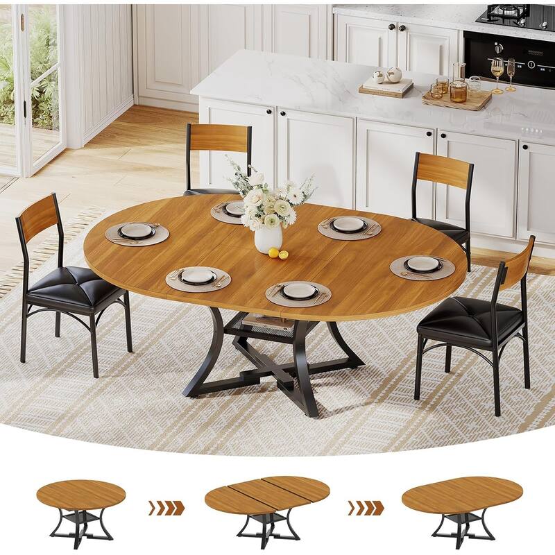 Extendable Dining Table Set 4-6 People 5-Piece Kitchen Table Set with 4 Cushion Chairs - Brown - Round 