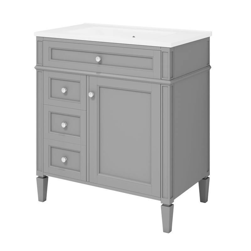 Modern 30" Bathroom Vanity with Ceramic Sink, 2 Drawers & Tip-Out Drawer for Bathroom Storage