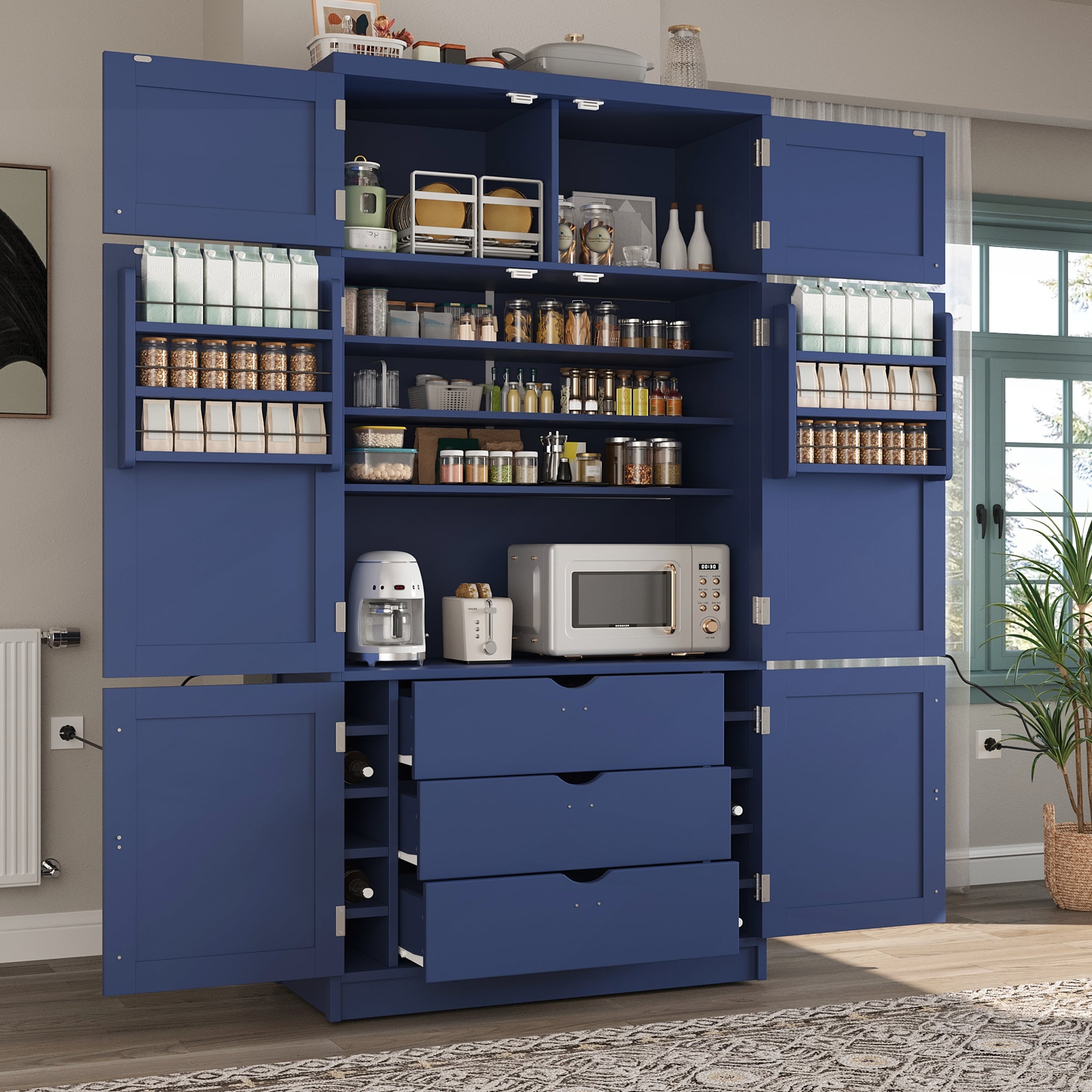 Extra-Large Freestanding Kitchen Pantry with 2 Power Outlets, Adjustable Shelves, and Spacious Storage