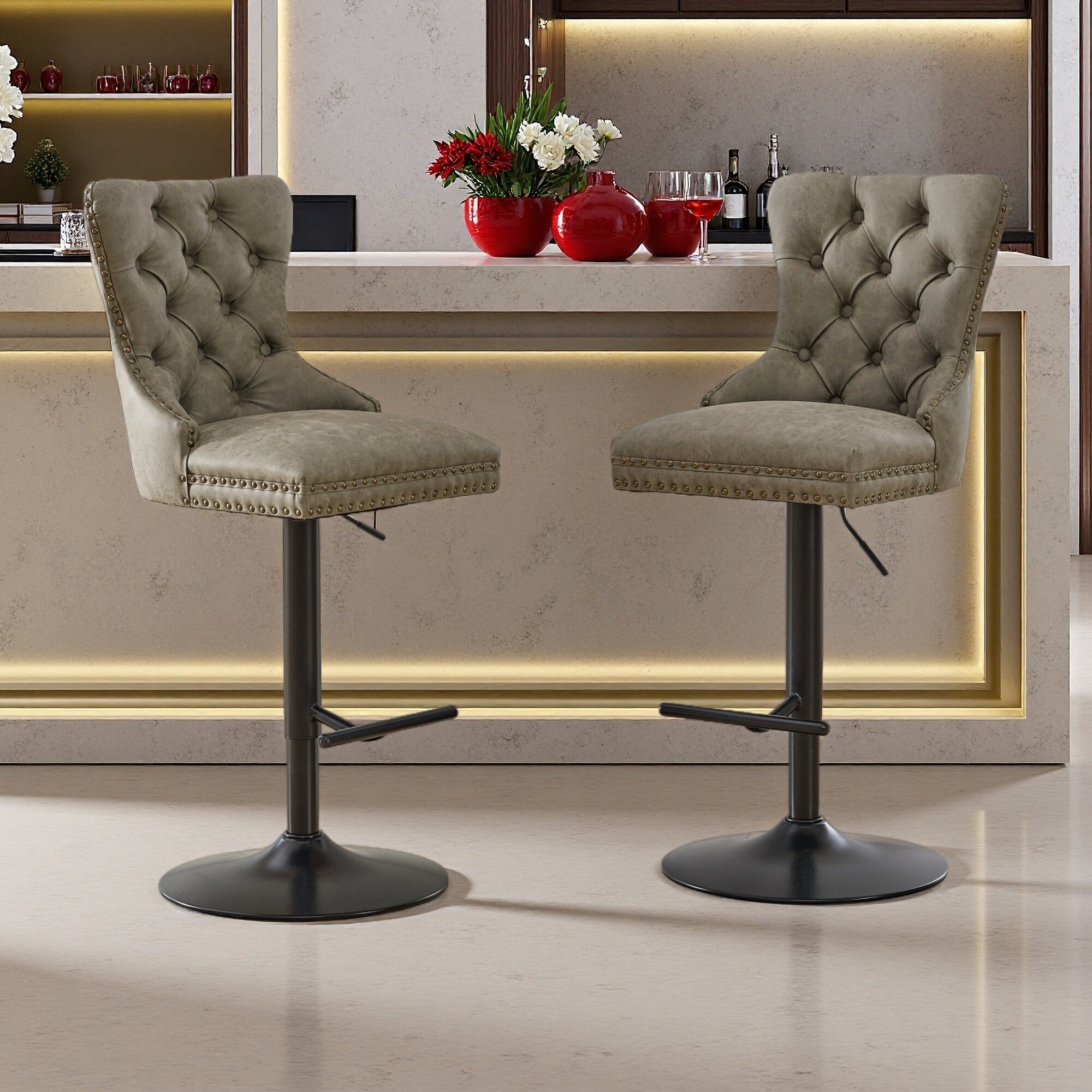49.9"H Set of 2 Velvet Swivel Barstools with Tufted Backrest - 25" to 33" Adjustable Height, Chrome Base and Spring Seat
