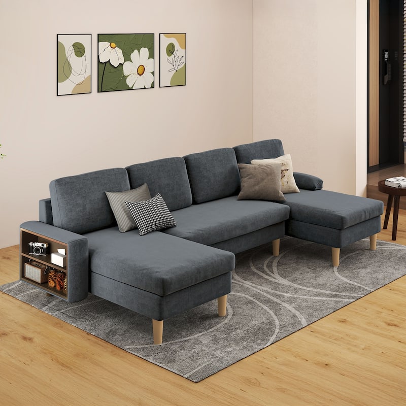Moasis 109'' U-Shape Sectional Sofa Couch, 4 Seat Sofa Set with Double Chaise, Armrests w/ Cup Holder/Storage, 4 Thick Cushions, - Grey