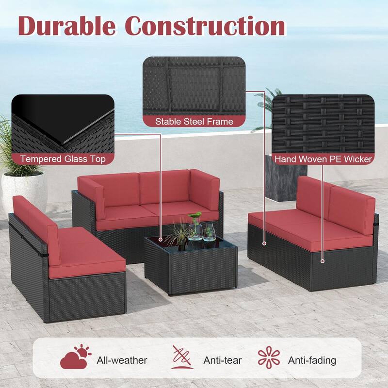7PC Outdoor Patio Furniture Set, Wicker Patio Sectional Furniture Set with Coffee Table & Cushion for Garden, Backyard, Poolside