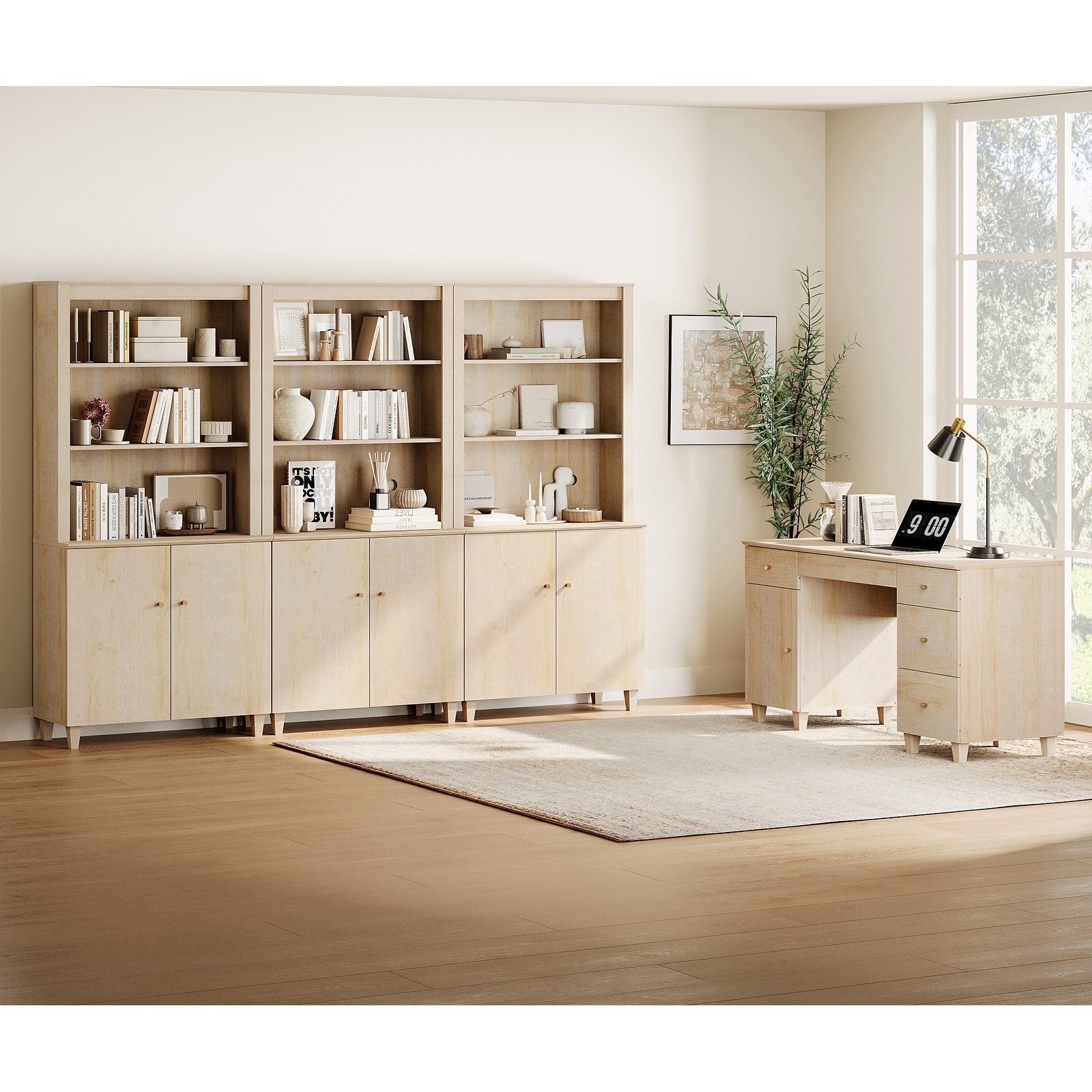 WAMPAT Home Office Furniture Set, 58" Executive Desk with Cabinet, 3-Column 71" Tall Bookcase with Doors and Adjustable Shelves