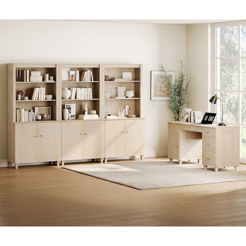 WAMPAT Home Office Furniture Set, 58" Executive Desk with Cabinet, 3-Column 71" Tall Bookcase with Doors and Adjustable Shelves - Natural Oak