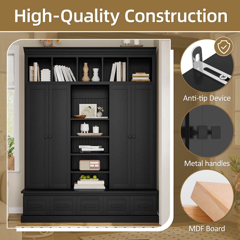 Large Wood Hall Tree with Bench, Modern 4 Door Entrance Storage Cabinet w/ 5 Drawers, Adjustable Shelves for Living Room