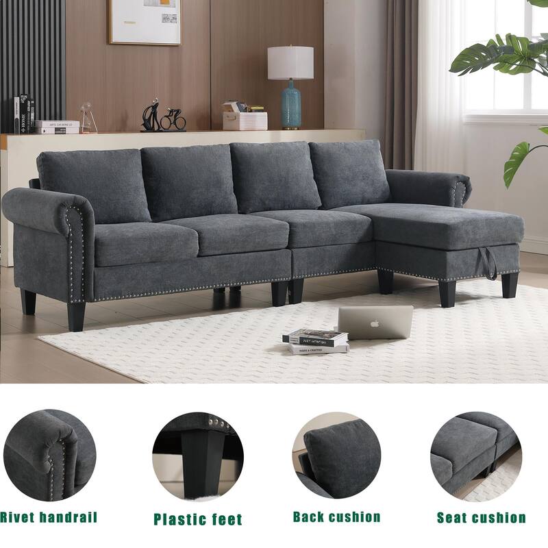 106Inch 4 Seater Convertible Sectional Sofa Couch with Storage Ottoman