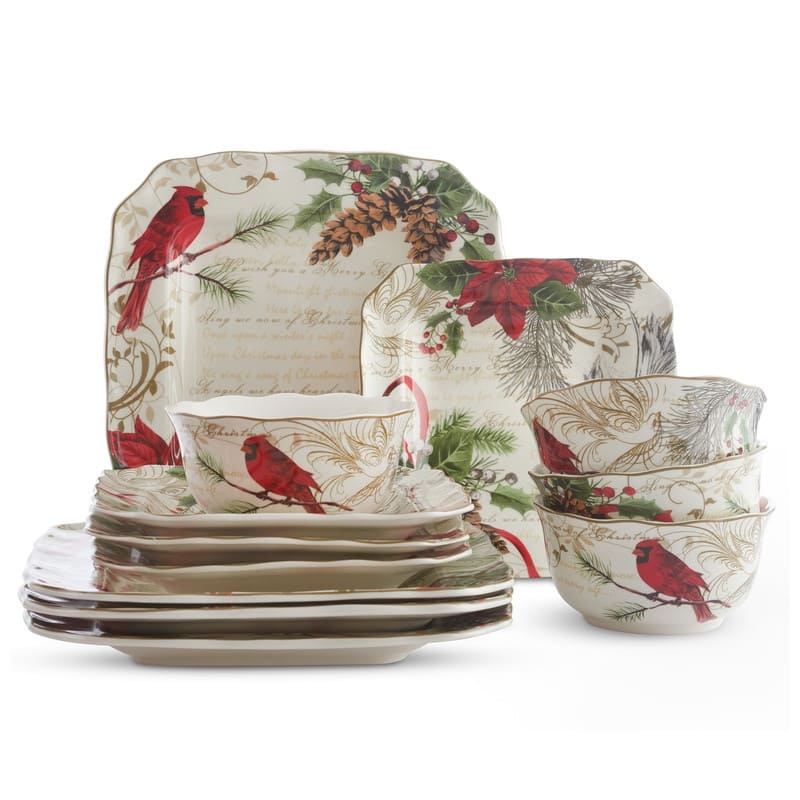222 Fifth Holiday Wishes 12 Piece Dinnerware Set, Red