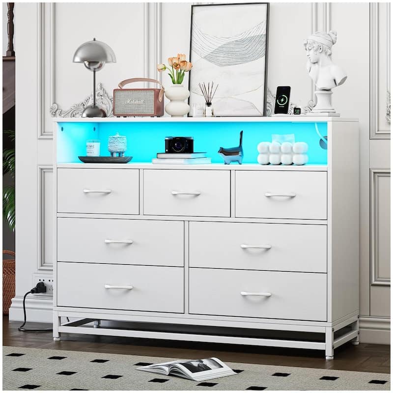 Modern 7-Drawer Dresser with Charging Station and LED Lights