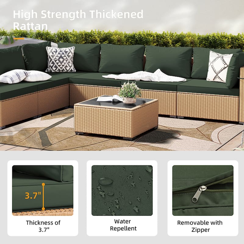 Patio Watcher 7-Piece Patio Yellow Wicker Sectional Seating Group with Cusions and Side Table