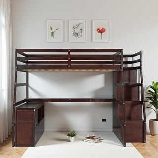 Full Size Solid Pine Wood Loft Bed with Desk, 7 Drawers & 2 Shelves, Playhouse Fence Design, Space-Saving Wooden Loft Bed Frame