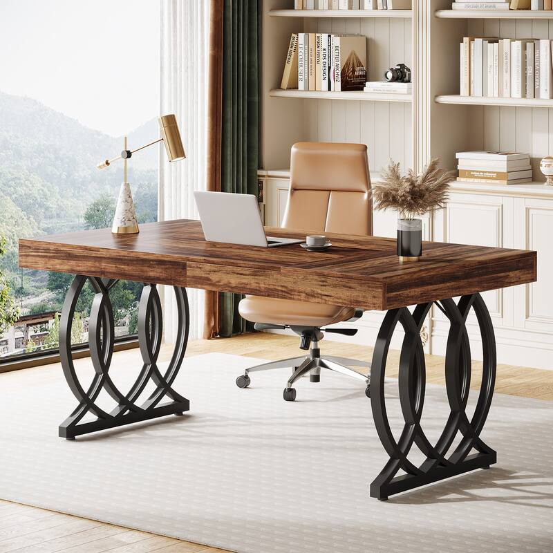 63 Inch Modern Computer Desk, White and Gold Office Executive Desk - Rustic Brown/ Black