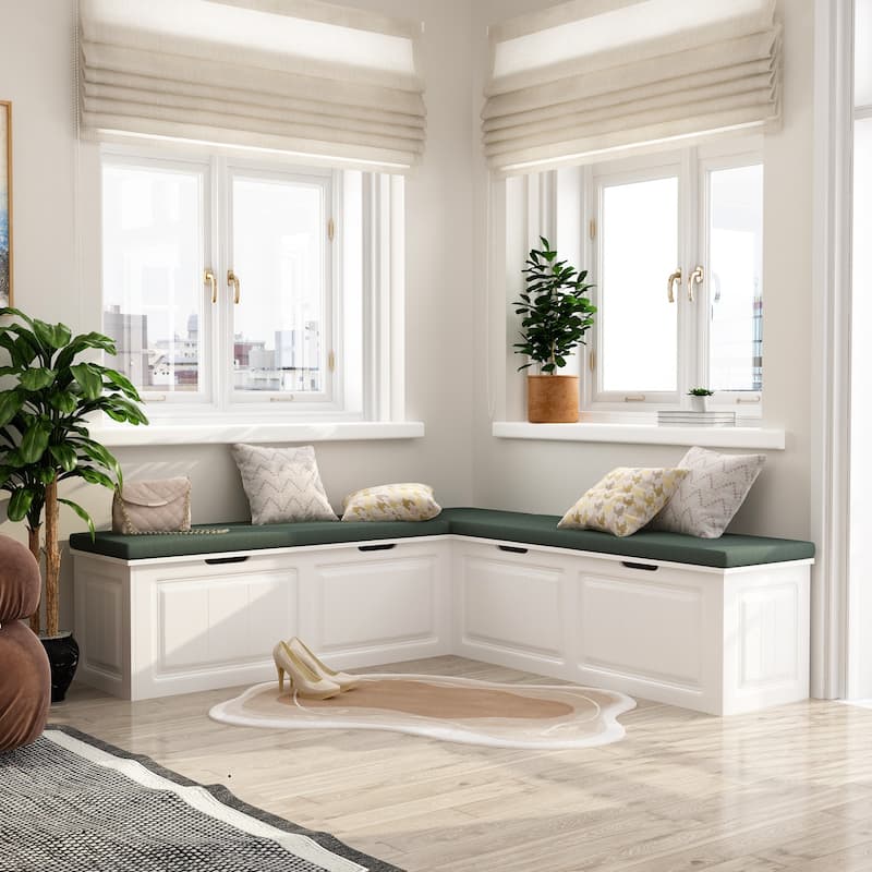 White & Green L-Shaped Storage Bench: Stylish Seating with Hidden Storage