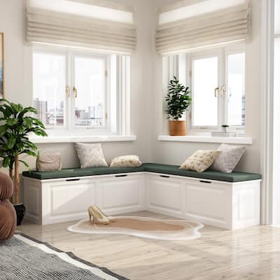 White & Green L-Shaped Storage Bench: Stylish Seating with Hidden Storage