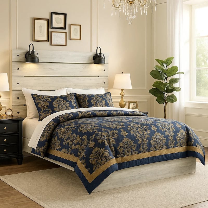 Cemy Queen Size Bed, Open Slat Headboard w 2 Sconce Lights, Whitewash