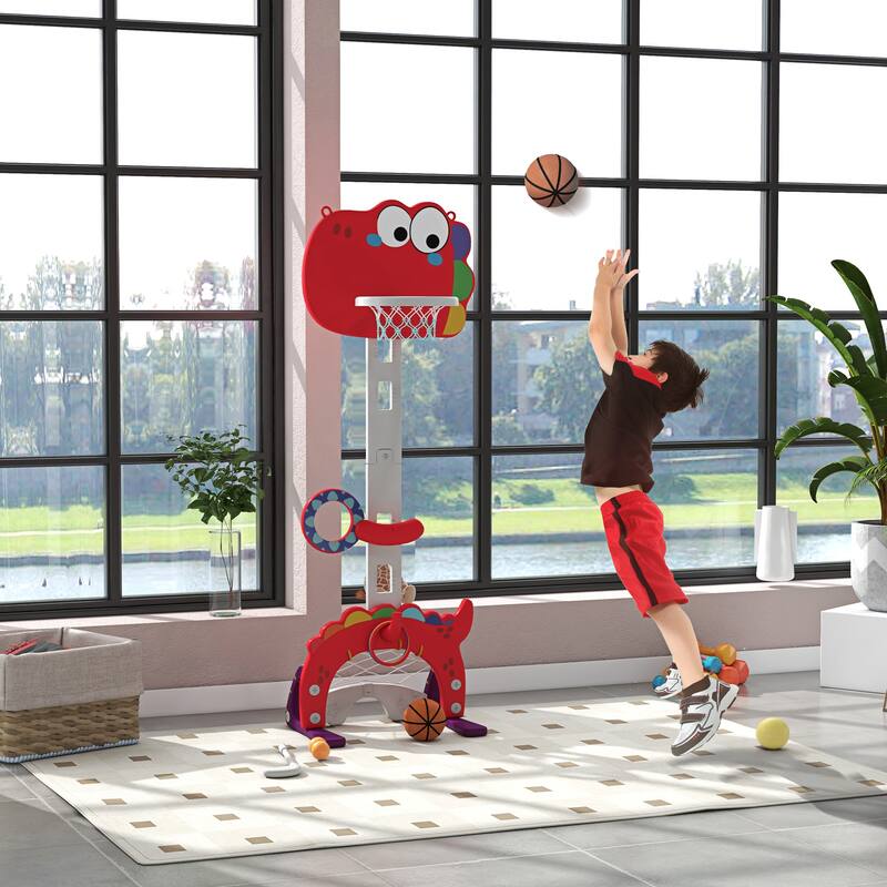 5 in 1 Kids Basketball Hoop Toddler Activity Center 5 Level Adjustable with Soccer Golf Ring Toss 3-6Y Indoor Red