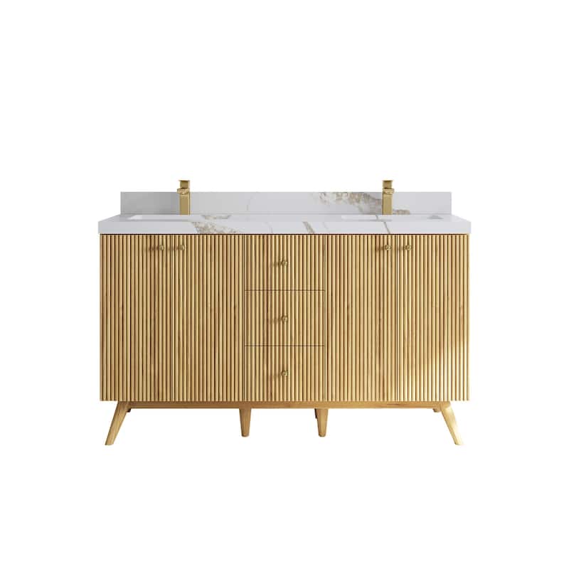 Willow Collections 60 in. W x 22 in. D Pasadena Solid Teak Double Sink Bathroom Vanity with Countertop