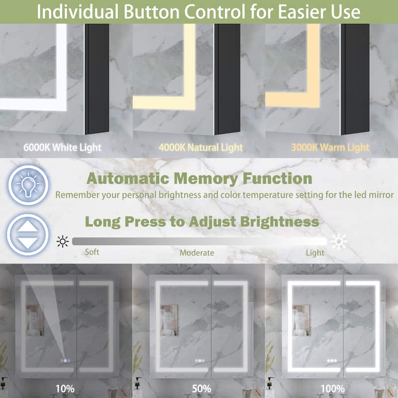 Rectangular Aluminum Recessed/Surface Mount Frameless Anti-Fog Medicine Cabinet with Dimmable LED Lights