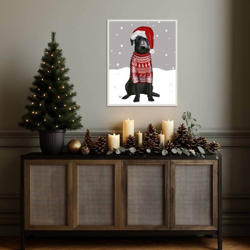 Black Labrador Christmas Sweater 1 by Fab Funky (23 x 28 in.), Framed Canvas Wall Art Print - Sylvie Beaded White