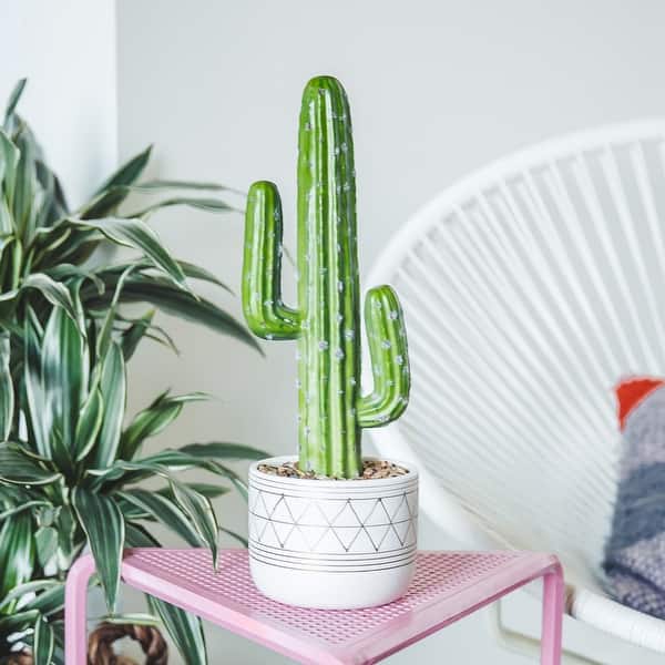 15 H Artificial Plant Cactus In 5 Hand Painted Ceramic Pot One Size Overstock 31629320